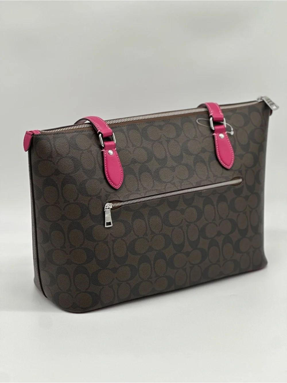 Coach Brown Signature Tote with Pink Handles
